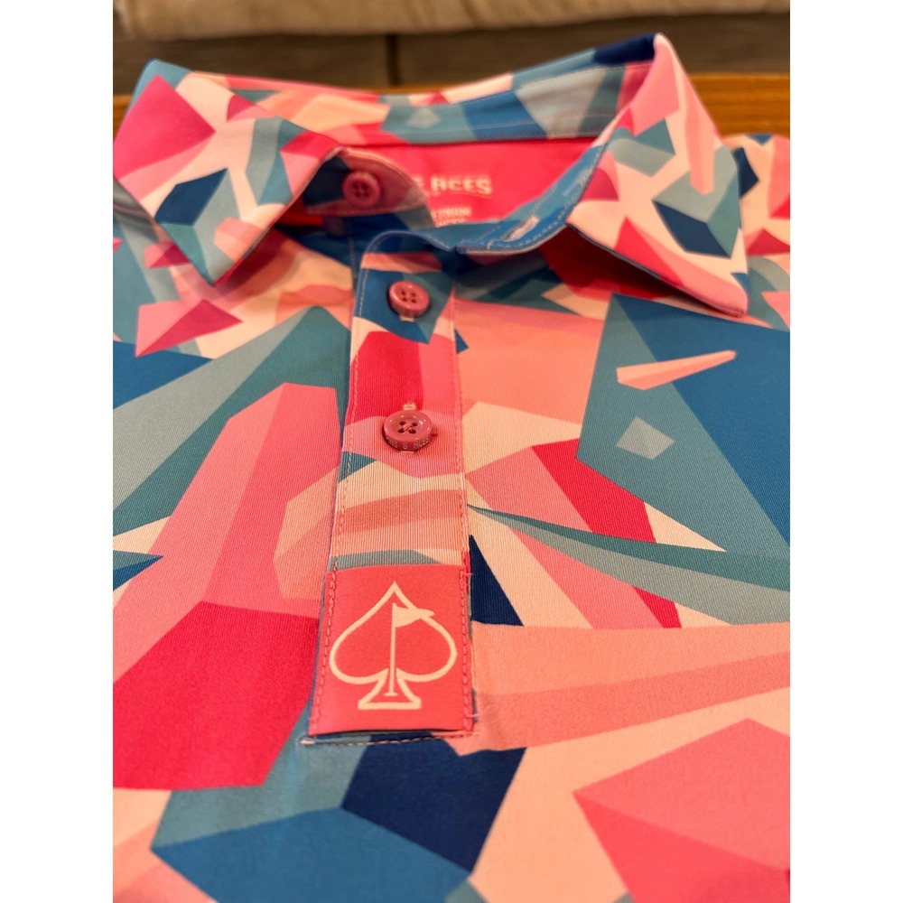 Pins & Aces Men XL Pink Blue Geometric Crystal Print Performance Golf Polo Shirt - Picture 2 of 7
